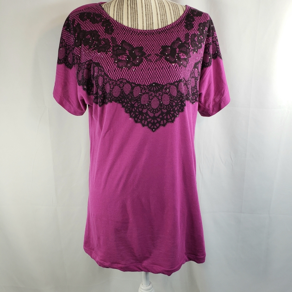 Susie Rose Magenta w/Black Lace & Jewels Accent Short Sleeve Top Size XXLarge